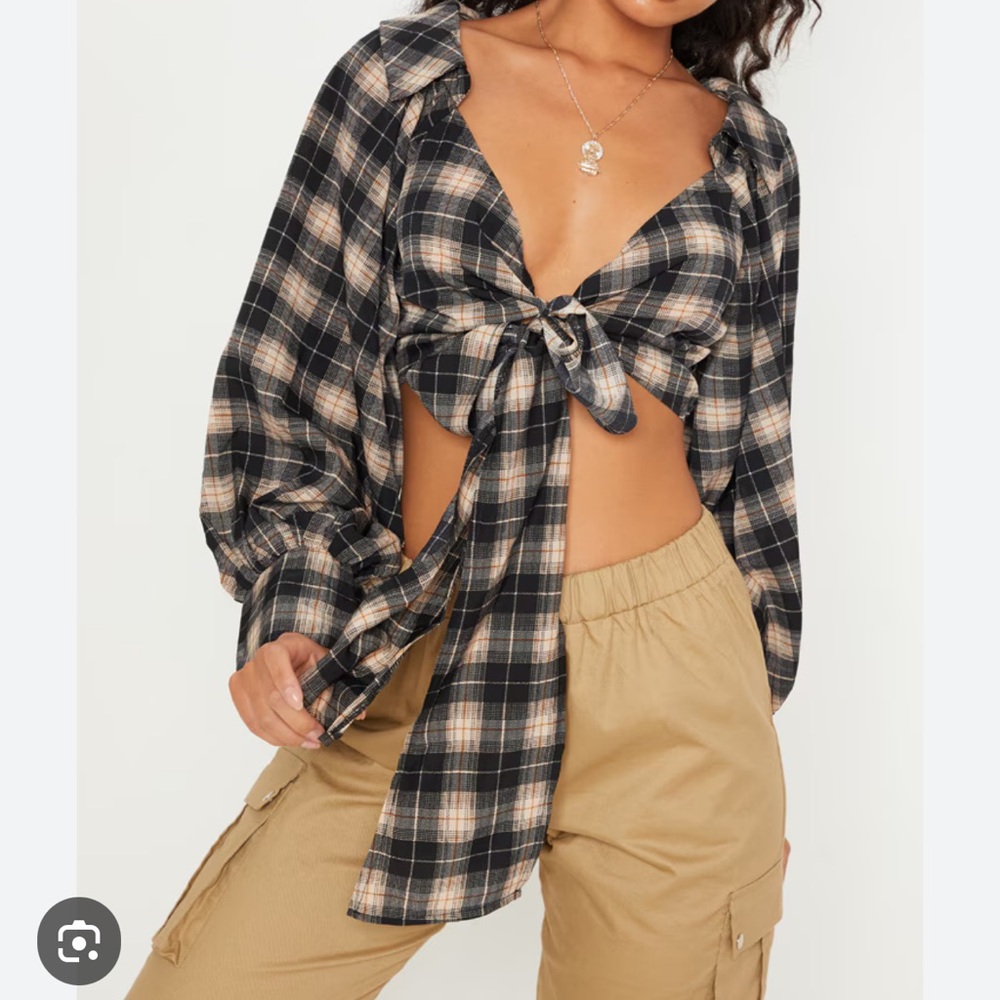 BLACK CHECK TIE FRONT SHIRT